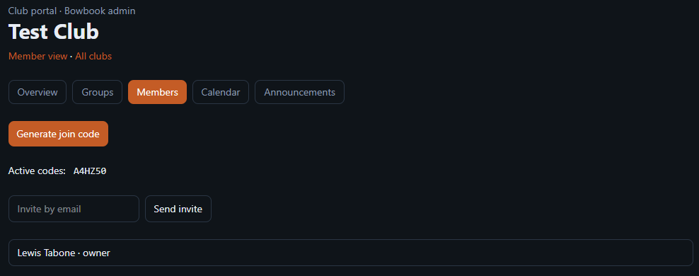 Club members tab with join codes and invite by email