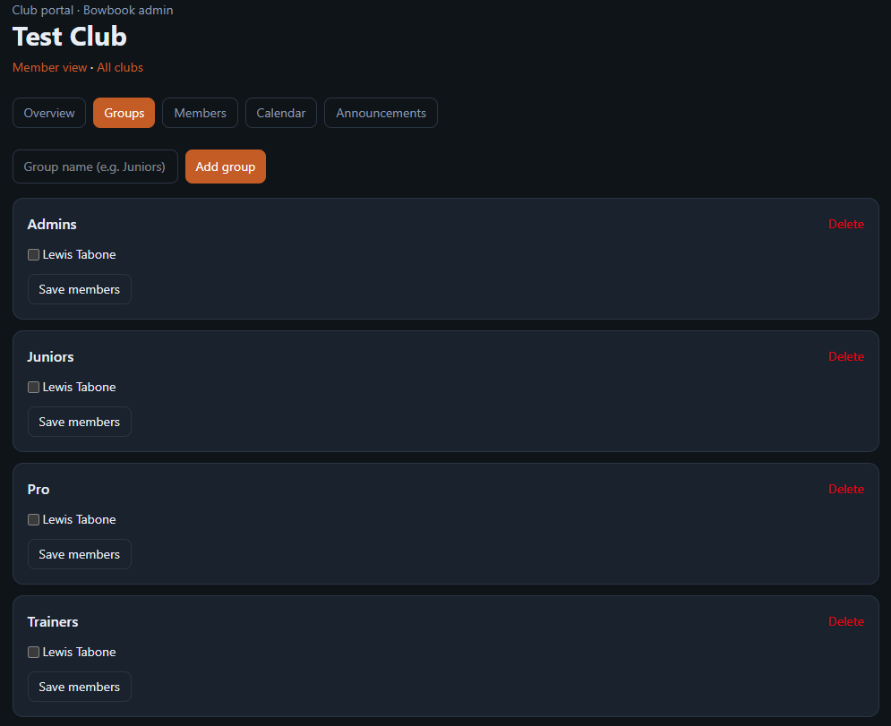 Club groups for organising members