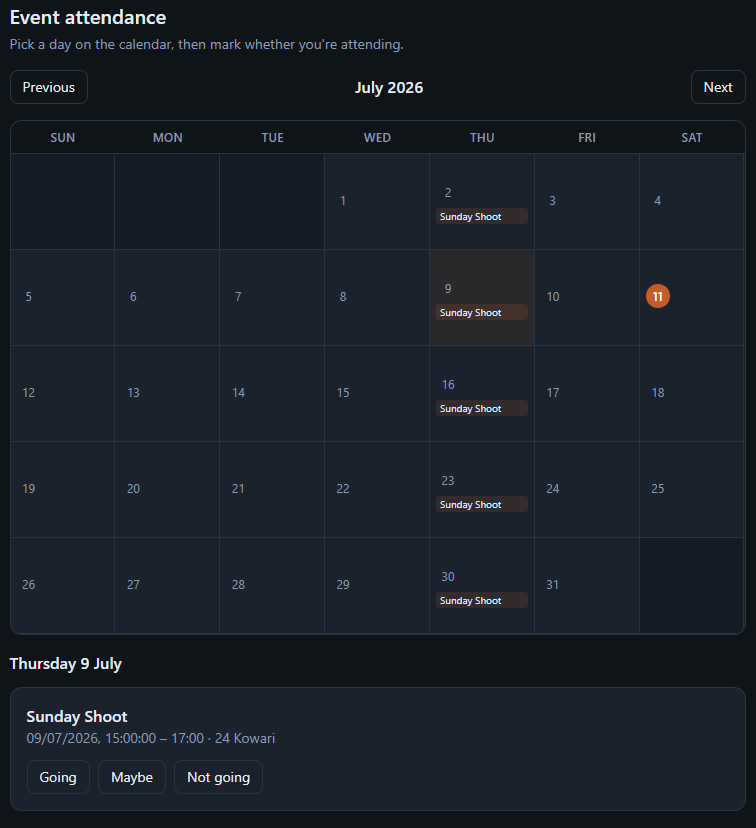 Member event attendance calendar with Going, Maybe, and Not going choices